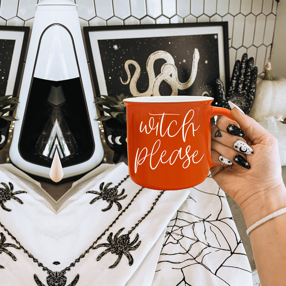 Witch Please Orange Keramik-Campingtasse 430ml doppelseitige weiße Schrift