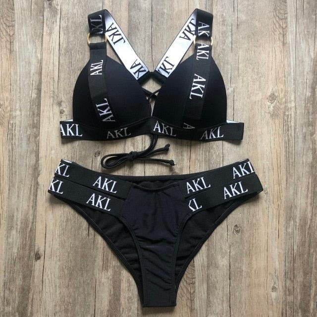 Women Luxury Black White Swimwear Women's Swimming Suit Push Up Bikini Lace Up Bikinis Women Swimsuit Women's Bathing Suits Push Up Halter Bandage Bikini Letter Printing Mini Summer Bikini Set