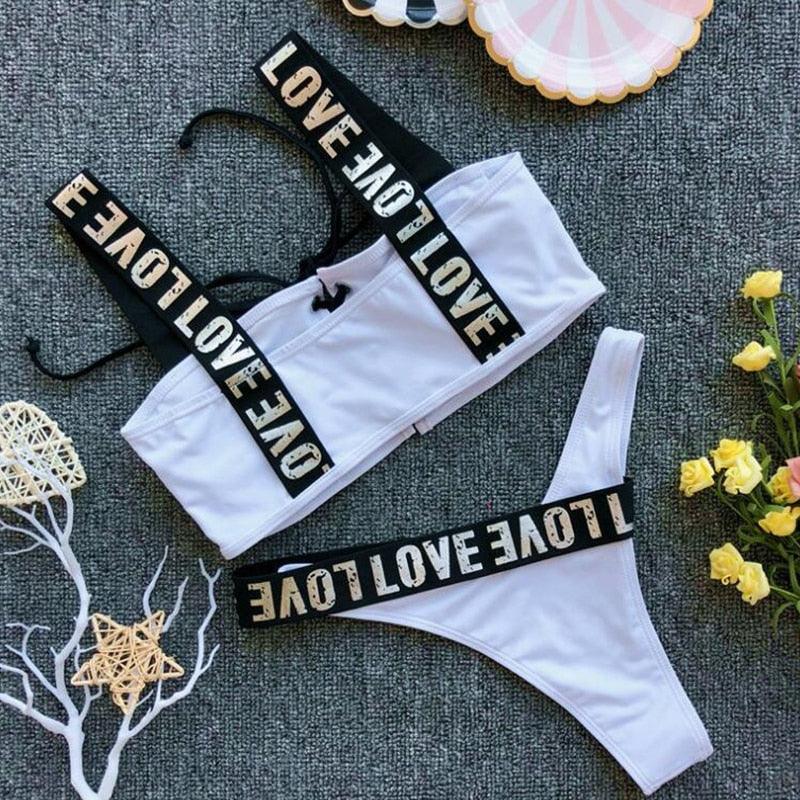 Women Two Piece Swimsuit Push Up Bikini Swimsuit For Women Two Piece High Waist Crisscross Halter Bikini Letter Printed Bathing Suits 2 Piece Bikini Luxury Bikini Set Sports Swimwear Swimsuit Backless Beachwear Bathing Suit