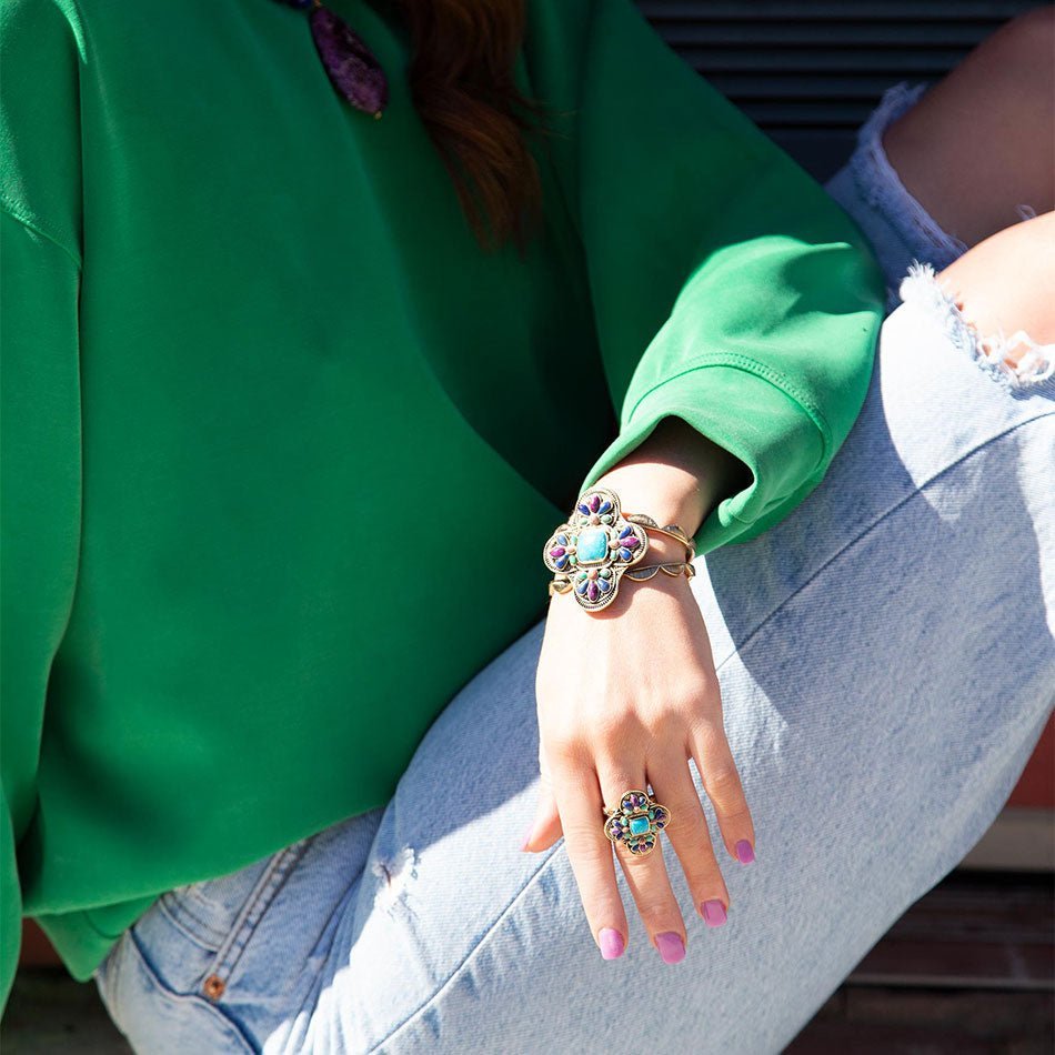 Zion Blue Turquoise Colorful Golden Cross Ring - ThisandThatShoppe