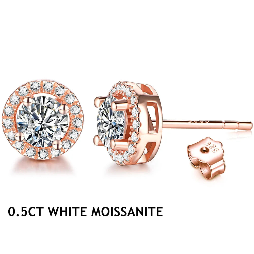Moissanite Halo Stud Earrings in Gold & Rose Gold Tones