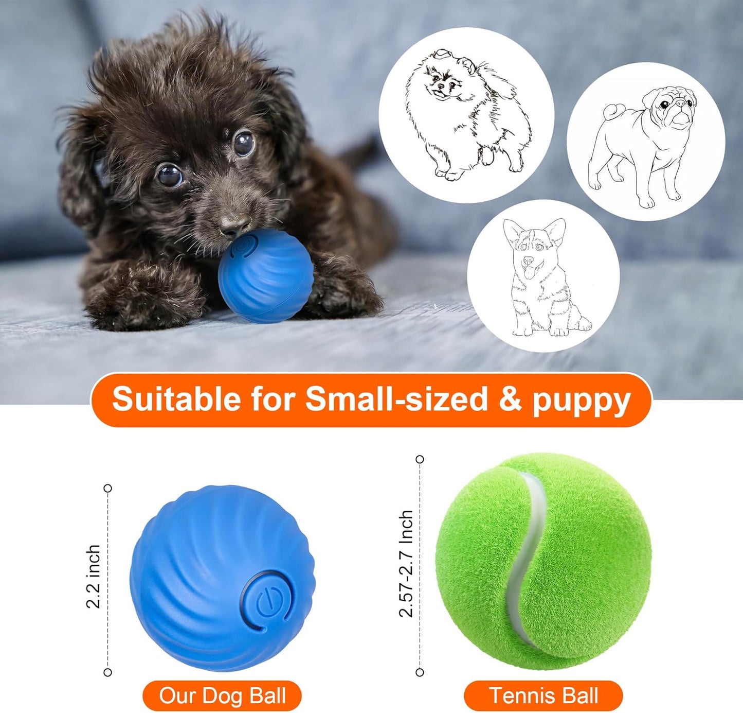 Interaktiver smarter Hundespielzeugball, sich selbst bewegender Wicked Ball mit automatischem Springen und Rotieren für Welpen/kleine Hunde, langlebig, kaubar, USB-wiederaufladbar und lustiges Geschenk für Hunde, 5,6 cm