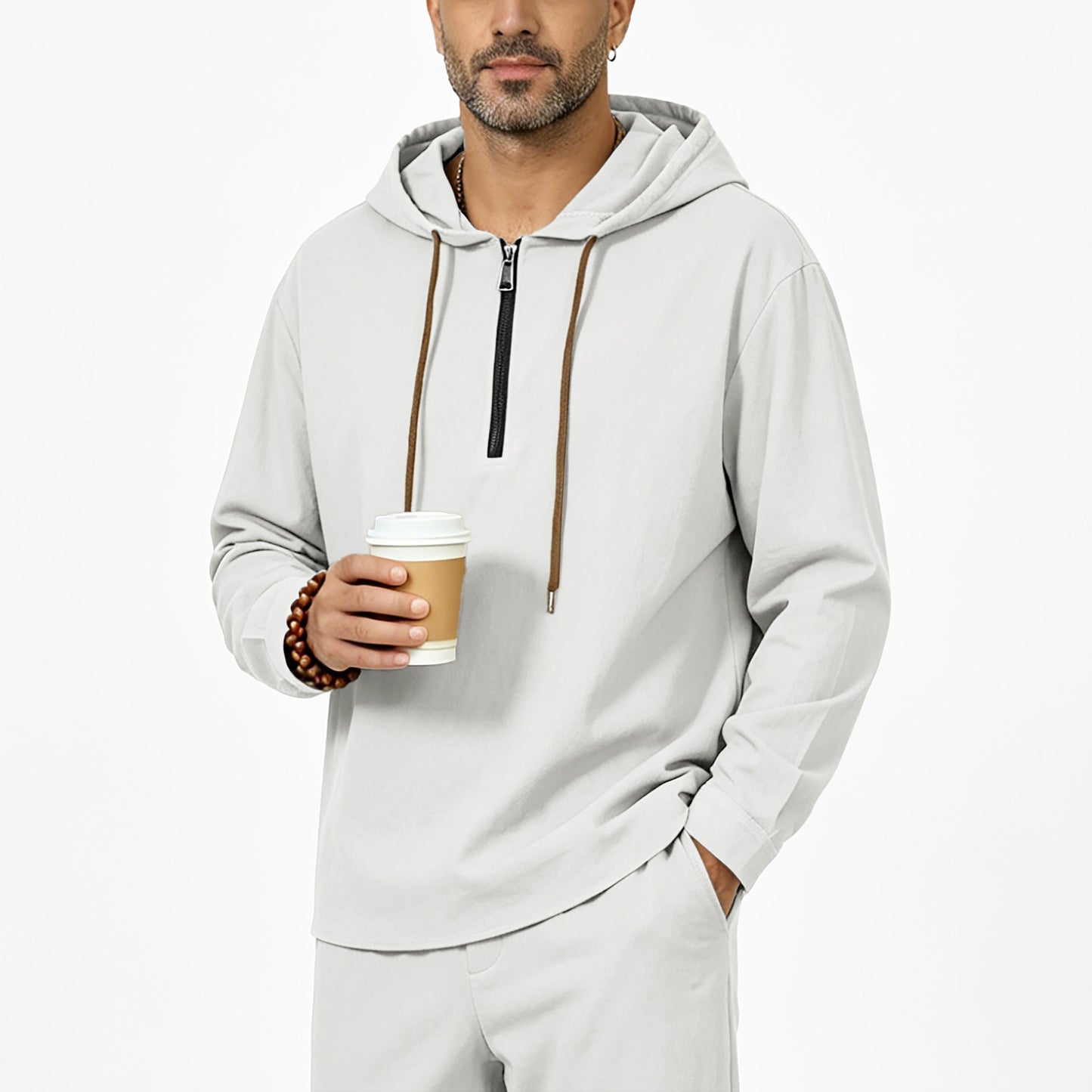 Mens Linen Hooded Half-Zip Sweatshirt