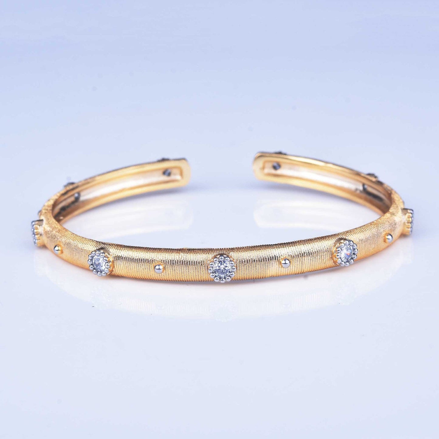 Vintage Brushed Texture Open Cuff Bangle For Women, Gold Tone Clear Tone Simulated Zirconia Star Dot Inlay Light Luxury Daily Commute Hand Jewelry