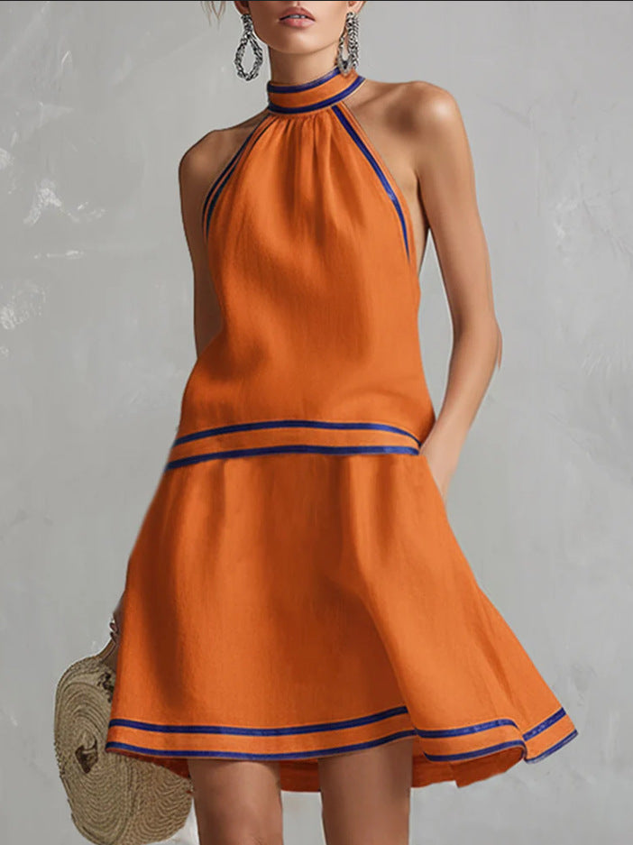 Women's Striped Trim Choker Neck Sleeveless Mini Dress