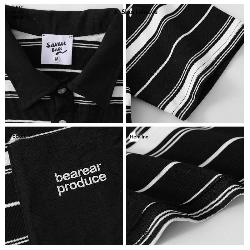 Loose-fitting Polo Shirt With A Lapel Collar Short-sleeved Striped T-shirt