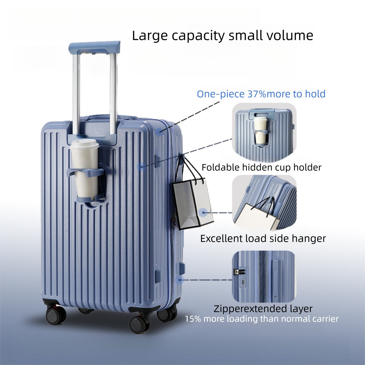 Front Opening Expandable Carry On Luggage, Large And Medium Sized Cabin Bag, Made Of Alloy Material, TSA Lock, USB Charging Port, Foldable Cup Holder