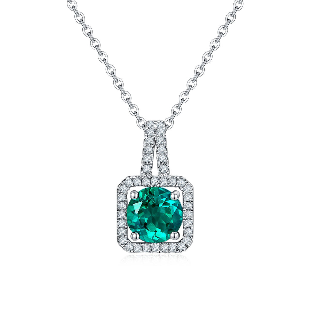 S925 Sterling Silver 2ct Lab-Grown Ruby Emerald Pendant Necklace, Platinum Plated Square Halo With Split Pave Bail, Women's Fine Jewelry Gift Box