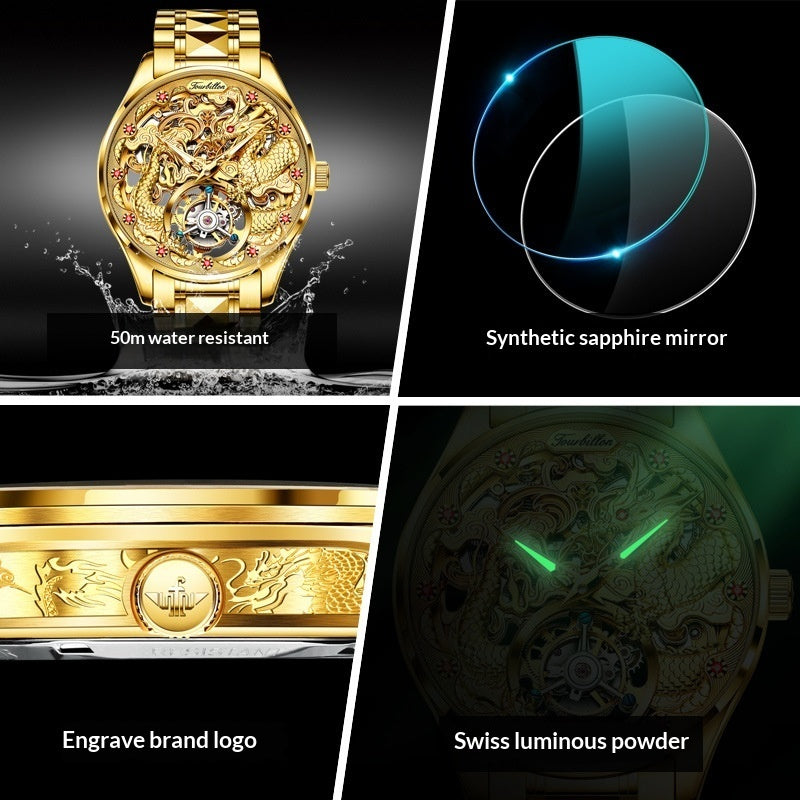 Luxury Golden Water-Resistant Mens Watch With Tourbillon