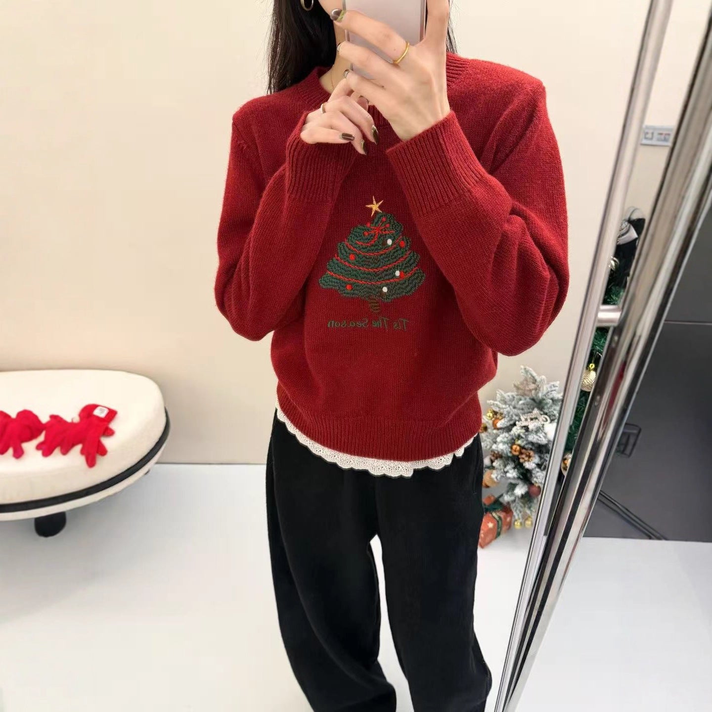 Womens Christmas Tree-Print Thermal Lace-Patchwork Sweater Preppy-Style Pullover Sweater