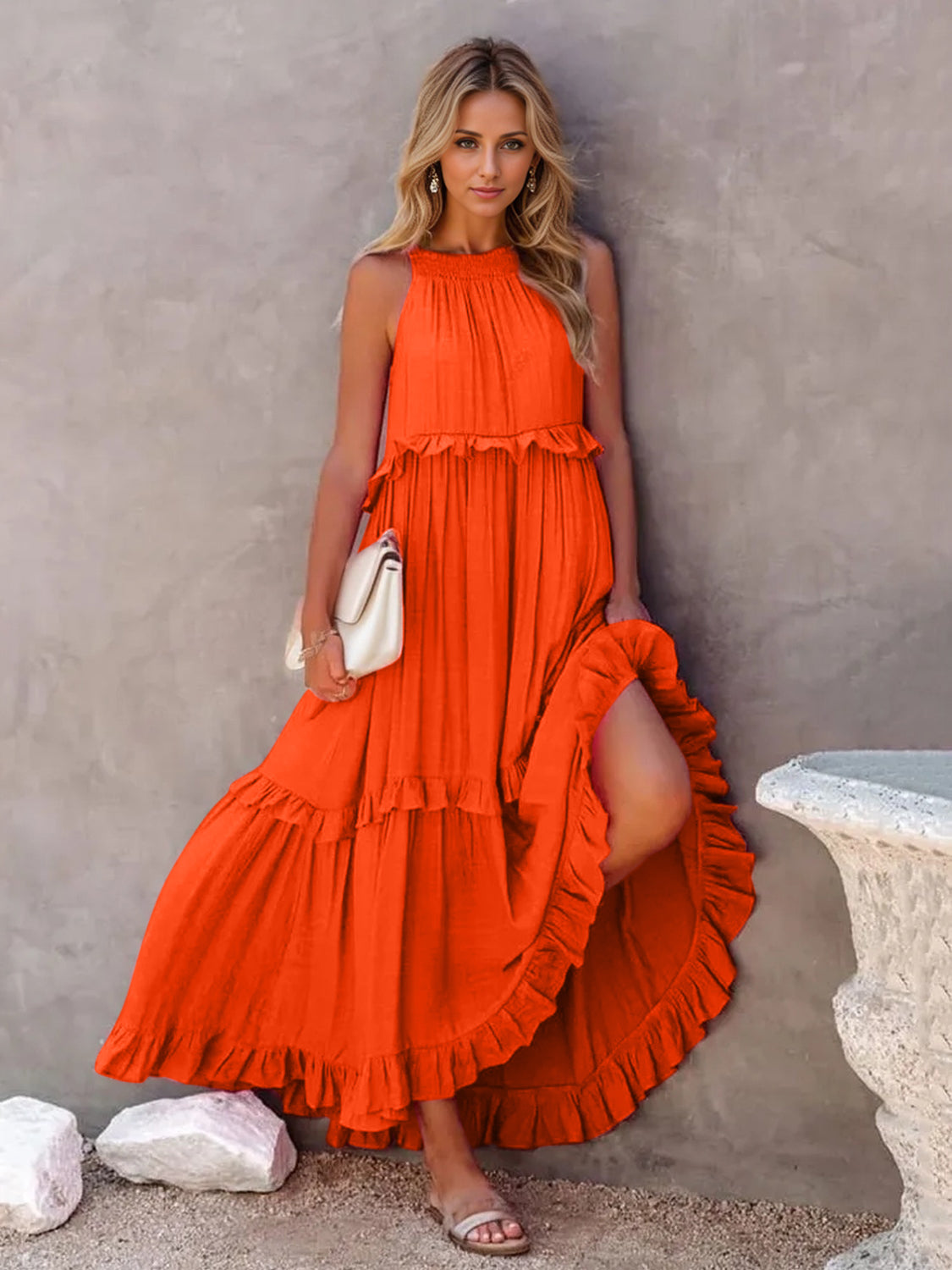 Romantic Ruffled Sleeveless Tiered Maxi Dress with Pockets Elegant & Chic Statement Beautiful Design Dress