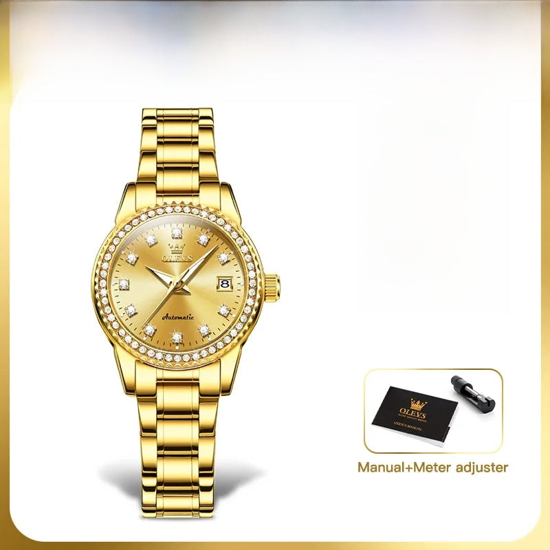 Damen-Automatikuhr mit Diamantzifferblatt aus Edelstahl