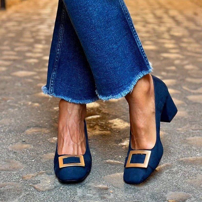 Fashion High Heel Suede Square Buckle Shallow Mouth Pumps Women