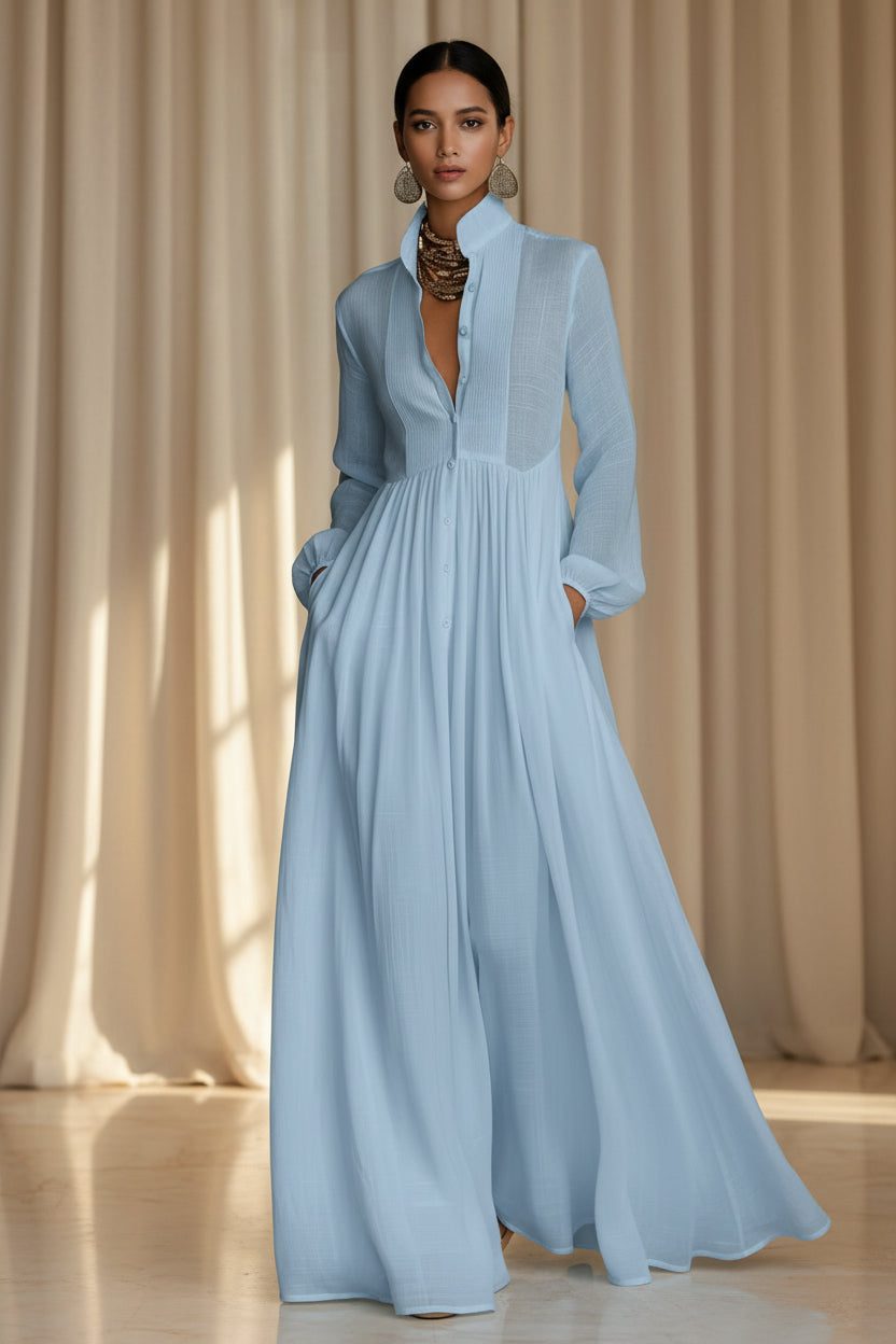 Women's French Style Long Sleeve Pleated A-Line Maxi Dress