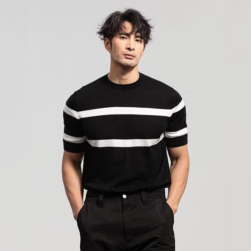 Men's Retro-style Round-neck Knitted Top With Ice Silk Short Sleeves