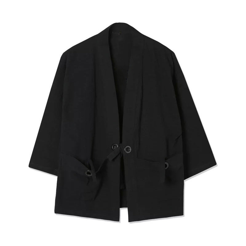 Chinese Style Cotton And Linen Cropped Sleeve Cardigan Baggy Coat Sun Protection Clothing