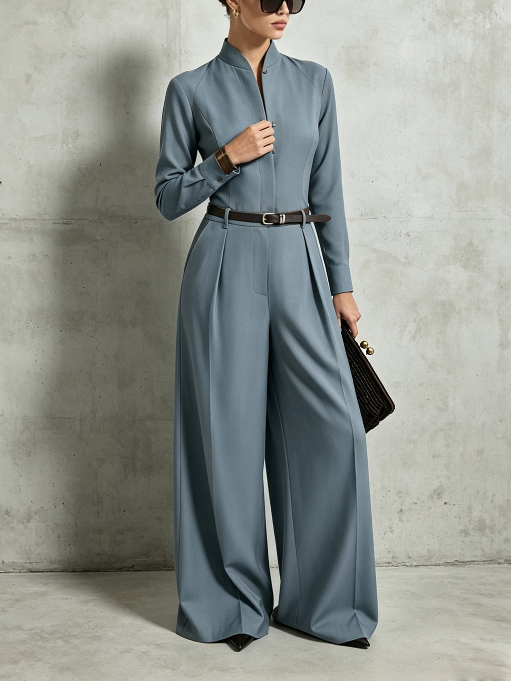 Women's Stand-Collar Long-Sleeve Wide-Leg Jumpsuit