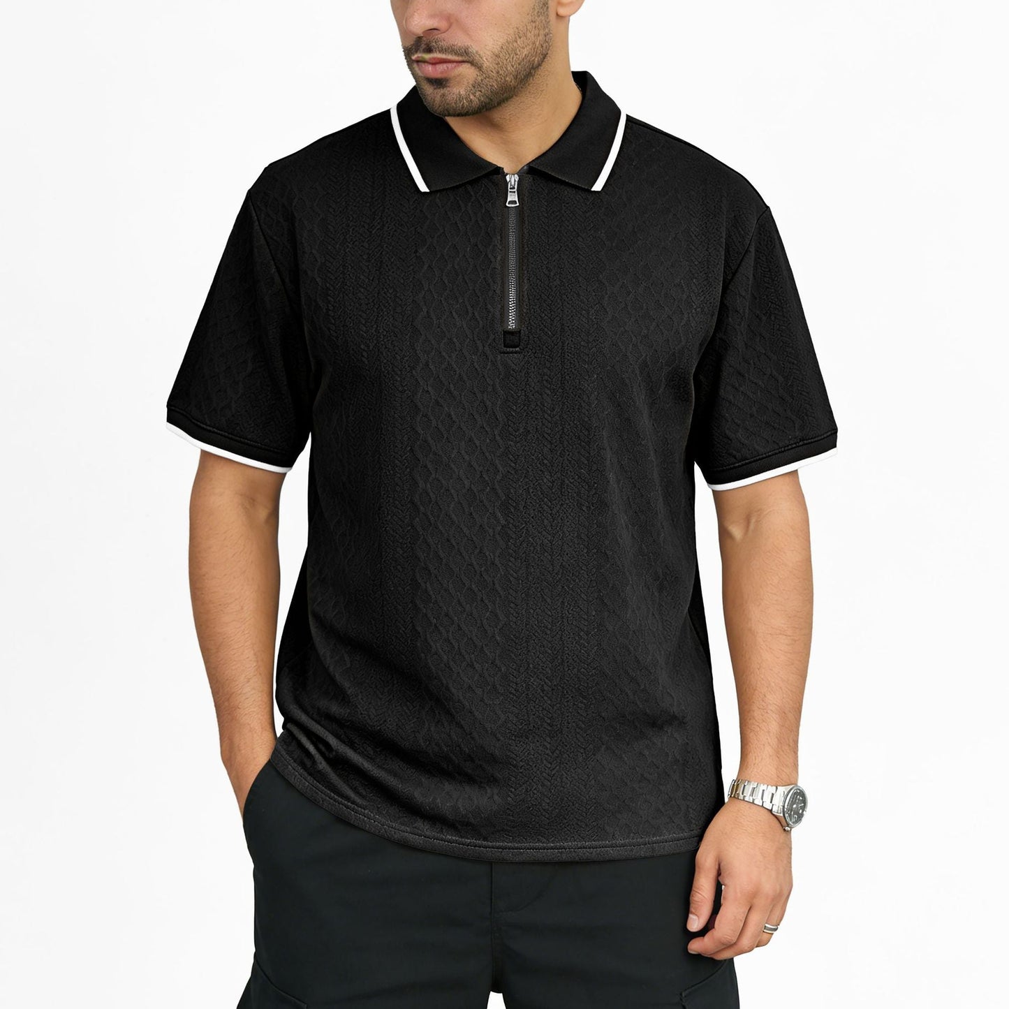 Mens Jacquard Loose-Fit Short-Sleeve Zip-Up Polo Shirt