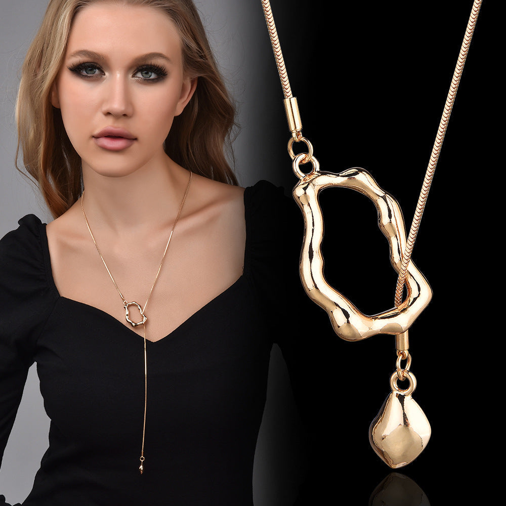 Dainty Irregular Geometric Ring Pull Adjustable Sweater Chain For Women, Y-Shape Tassel Collarbone Chain, Minimal Sweet Fashion Jewelry