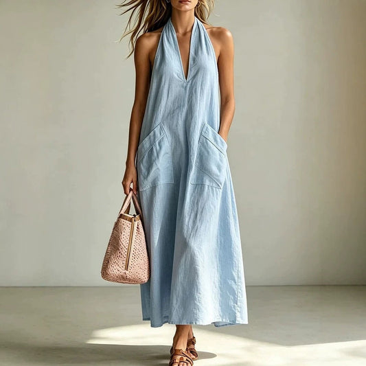 Cotton Halterneck Sleeveless Deep V-Neck Loose Straight-Line Dress