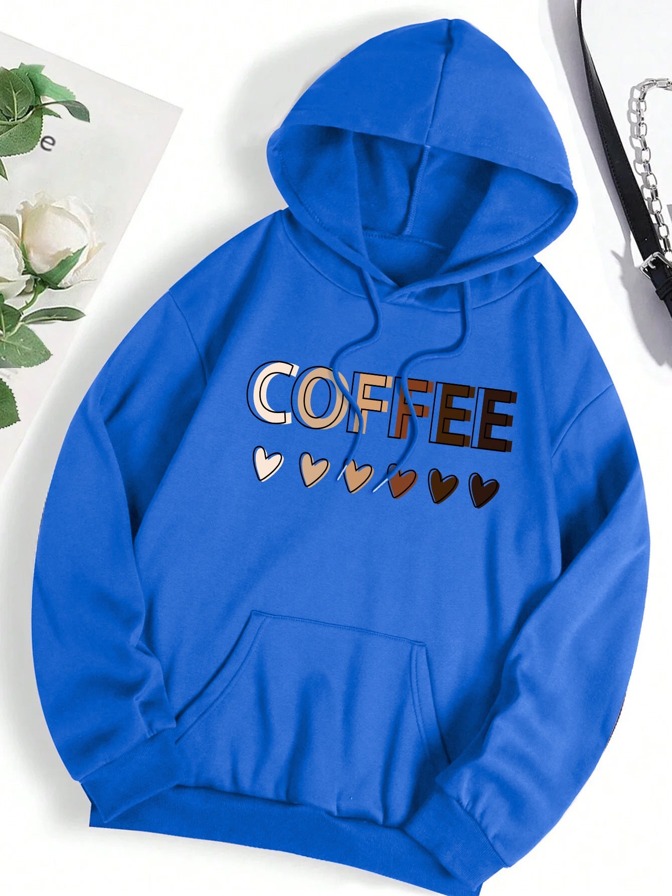 Casual Hooded Sweatshirt With Coffee-themed Lettering Print