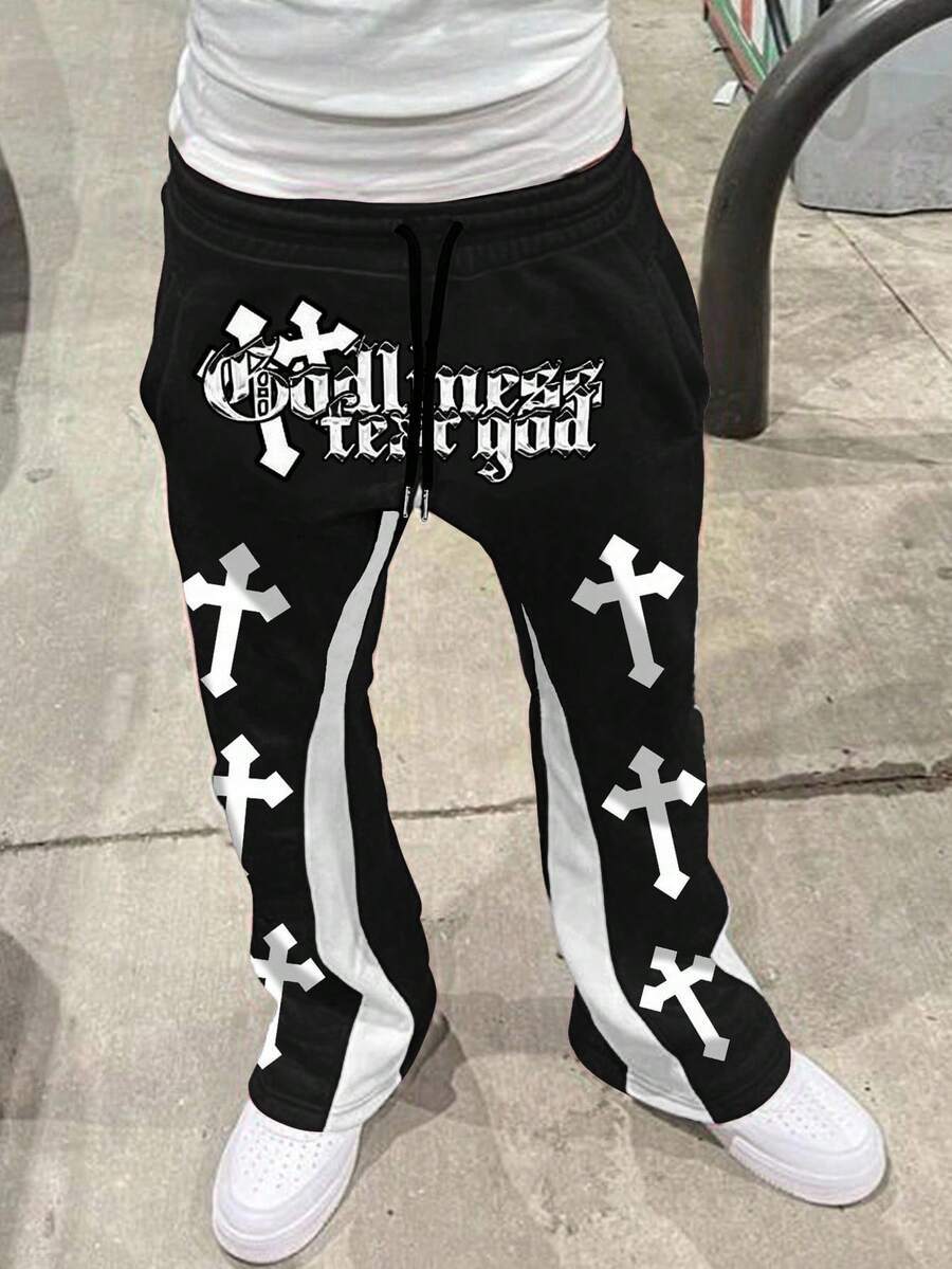 Retro Letter Print Mens Loose Casual Pants