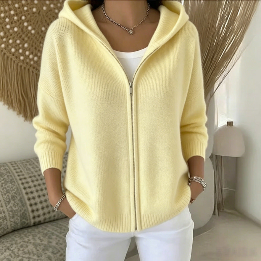 Zip-Up Knitted Hooded Cardigan Coat – Women’s Sweater