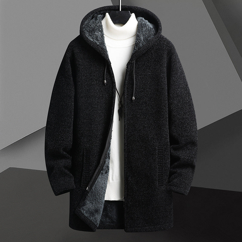 Fall Winter Men Fleece-lined Mid-length Zipper Hooded Sweater Cardigan