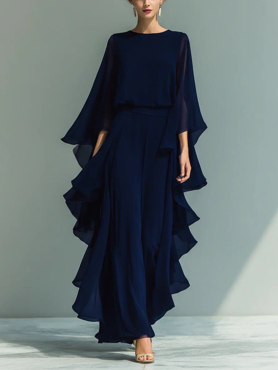 Ruffle Edge Wide-Leg Pants Set – Elegant Long Sleeve Two-Piece Outfit for Women