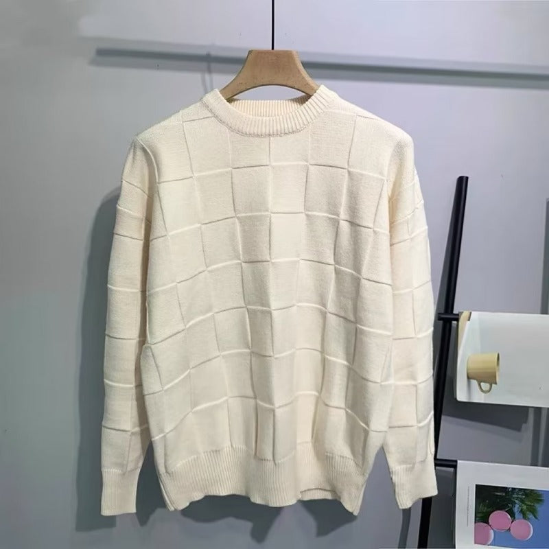 Laid-back Solid-color Checkerboard Knit Sweater