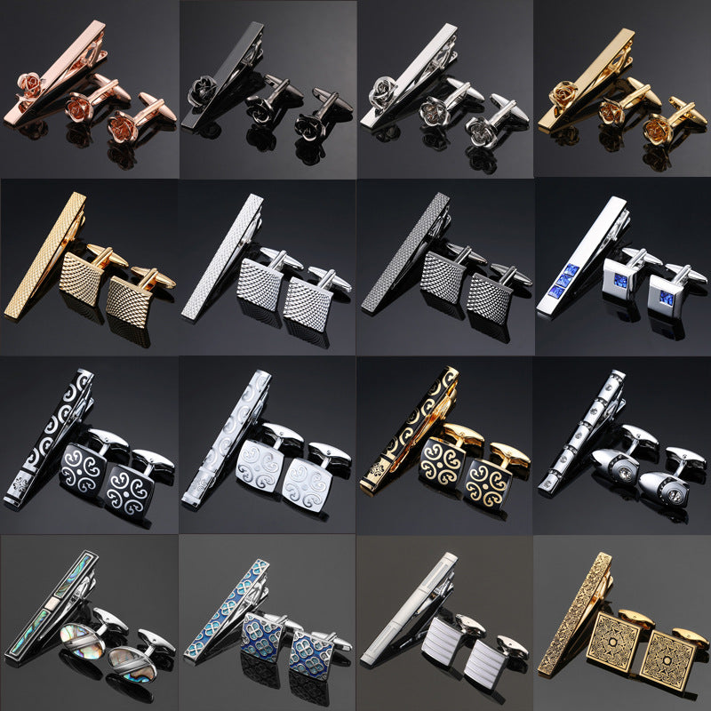 Gold And Silver Black Crystal Rose Enamel Pattern Batch Flower Tie Clip Cuff Buckle Set