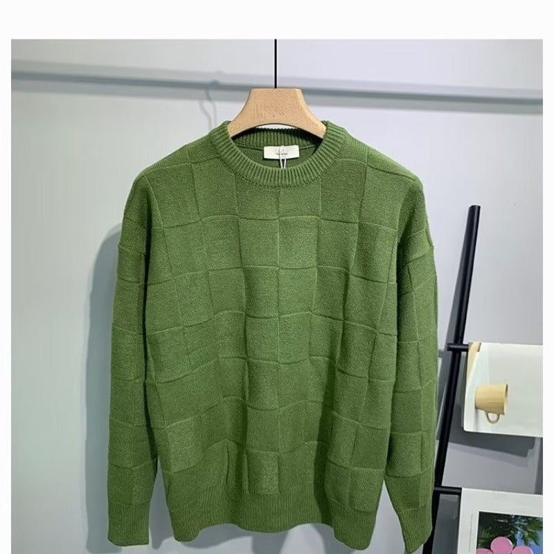 Laid-back Solid-color Checkerboard Knit Sweater