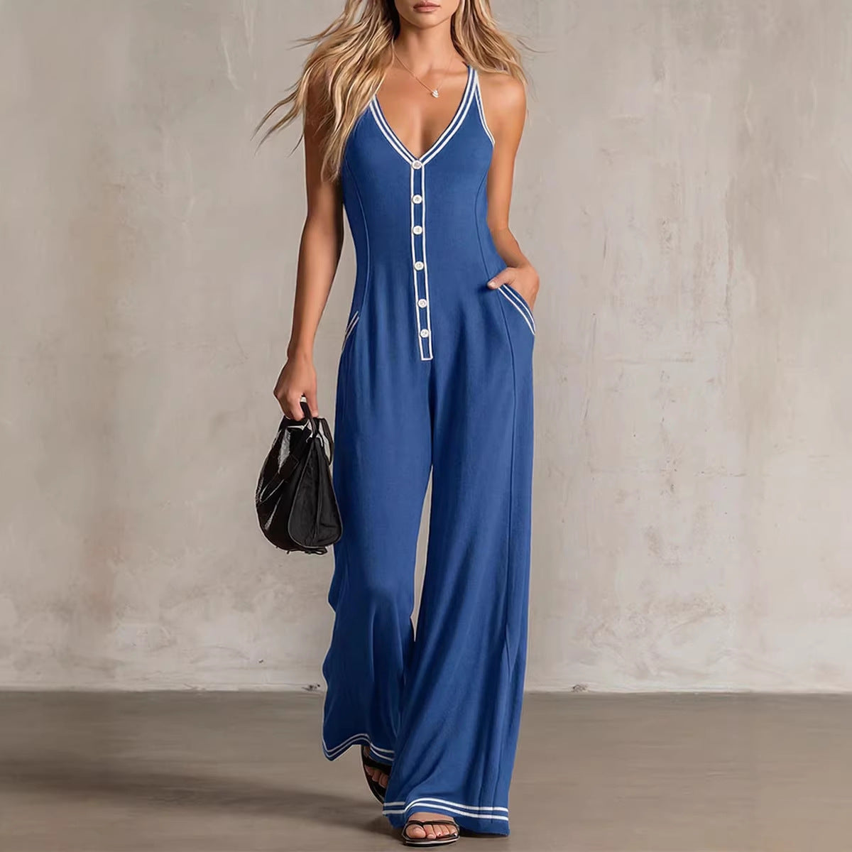 Women's V-Neck Backless Wide-Leg Jumpsuit – High Waist Casual