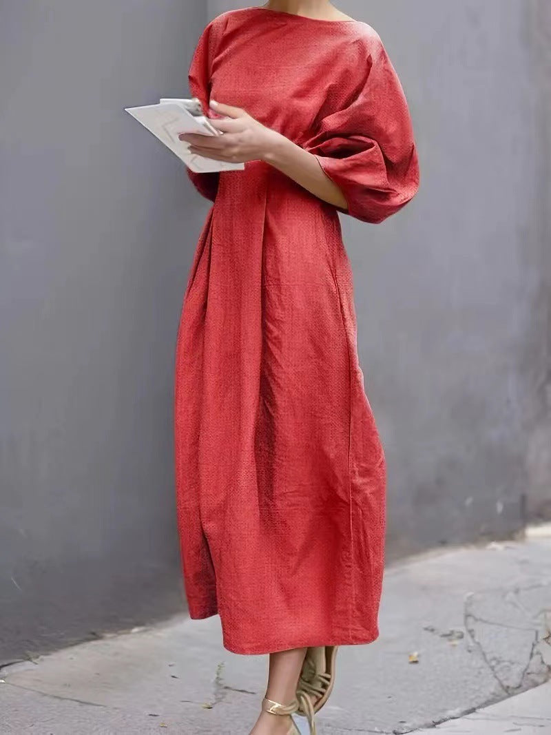 Casual Long Dress With A Round Neck And Bubble Sleeves