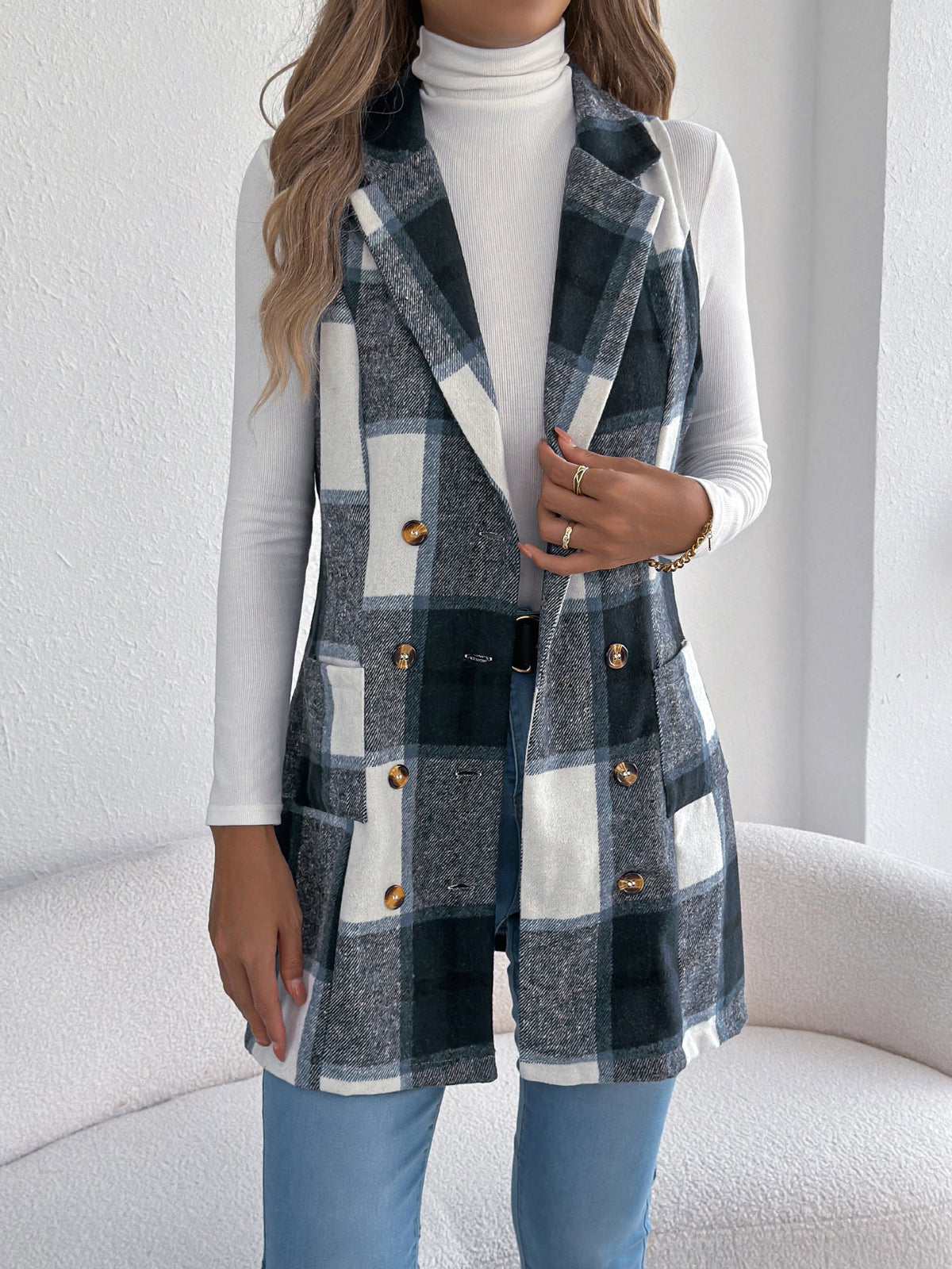 Women's Plaid Double-Breasted Pocket Tweed Long Vest