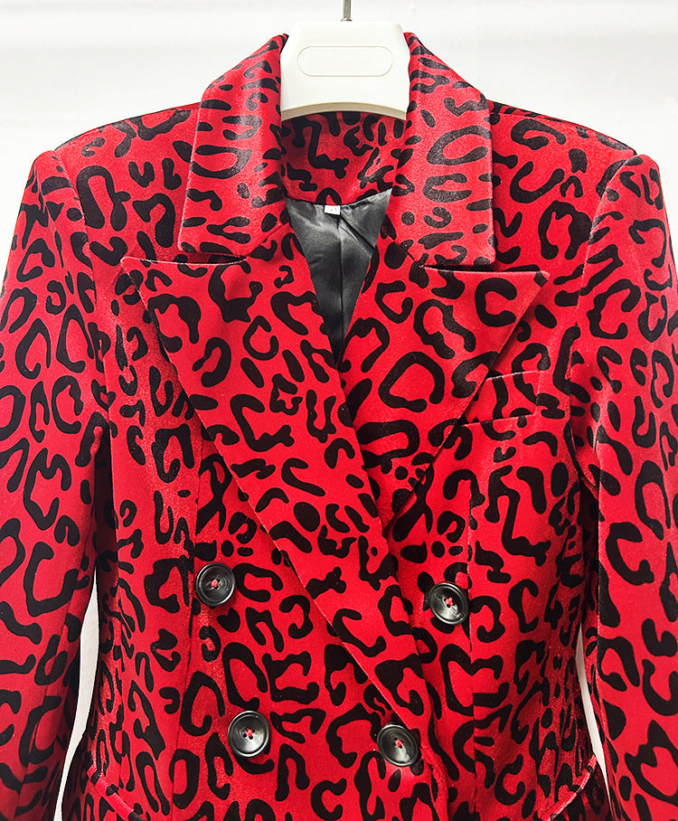 Leopard Print Double Breasted Blazer & Midi Pencil Skirt 2-Piece Suit Set