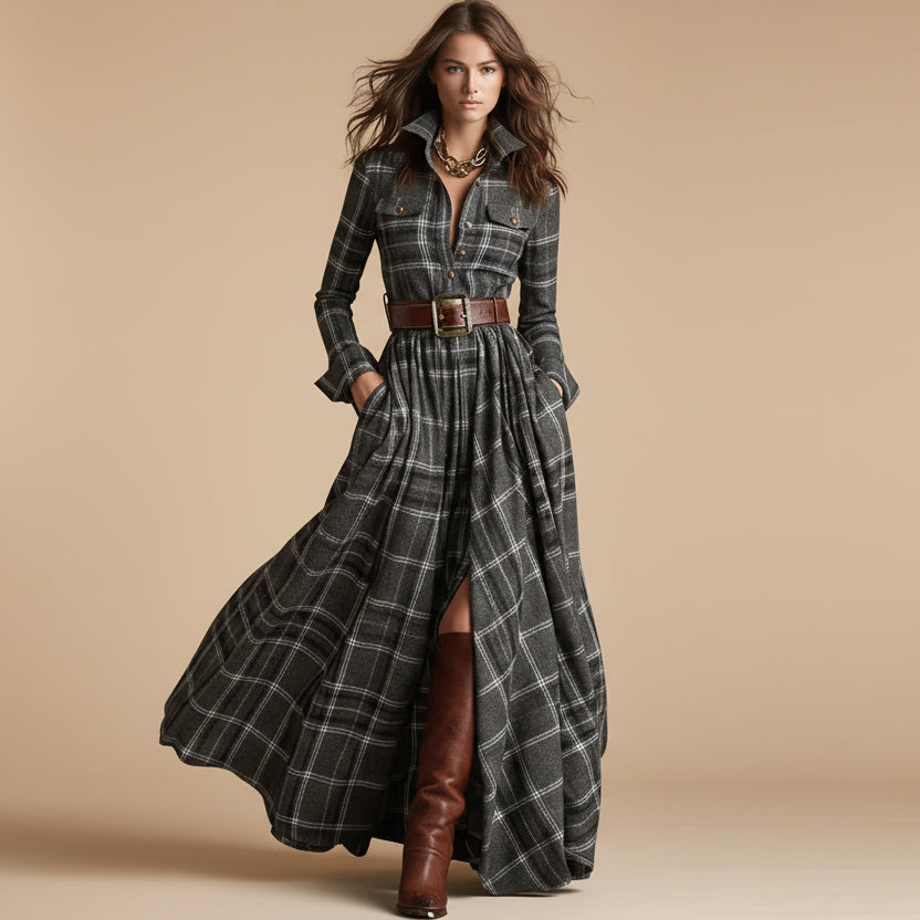 Women's Plus Size Plaid Print Long Sleeve Shirt Dress with Pockets