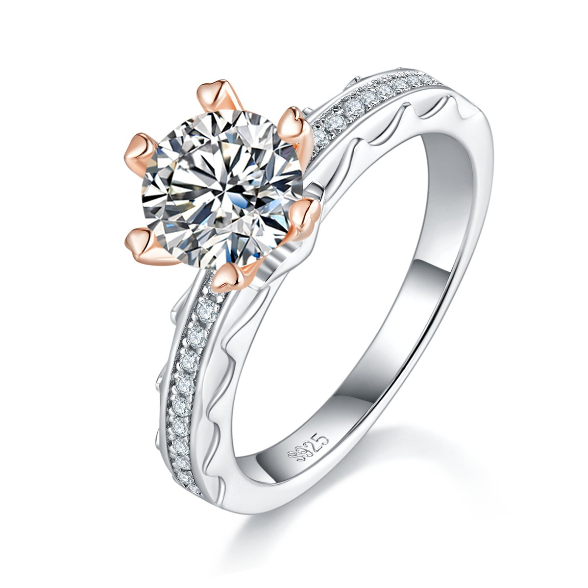 S925 Sterling Silver 1ct Moissanite Ring, 6.5mm Round Cut With Gold Heart Prongs, Pave Band, US Sizes 5-9, GRA Certificate Gift Box
