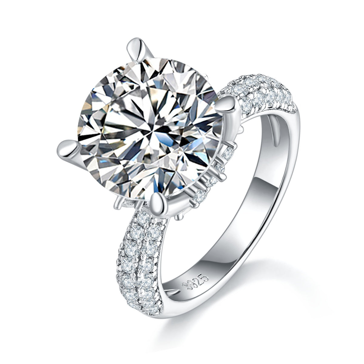 S925 Sterling Silver 5ct Moissanite Engagement Ring, 11mm D-VVS1 Round Cut, 4-Prong Pave Band, Platinum Plated US Sizes 5-9, GRA Certificate Gift Box