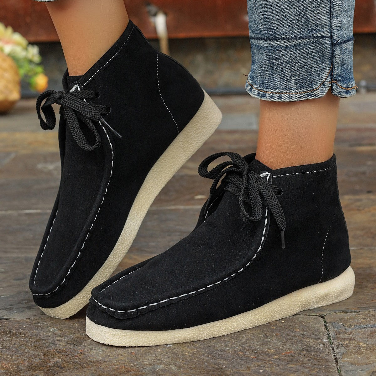 Stitched-detail Round-toe Lace-up British-style Ankle Boots For Women With A Hidden Heel