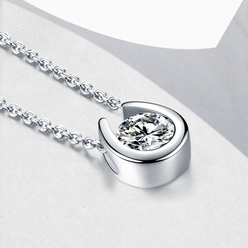 S925 Sterling Silver Minimalist Pendant Necklace, 1ct D-VVS1 Moissanite, Horseshoe Bezel Setting, Platinum Plated 38&41cm Chain, 2.4g GRA Certificate Gift Box