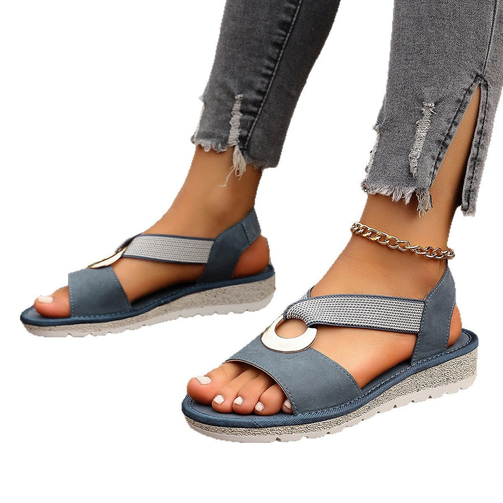 Plus Size Fish Mouth Wedge Sandals Flat Sole Elastic Strap Open Toe Summer Shoes For Women
