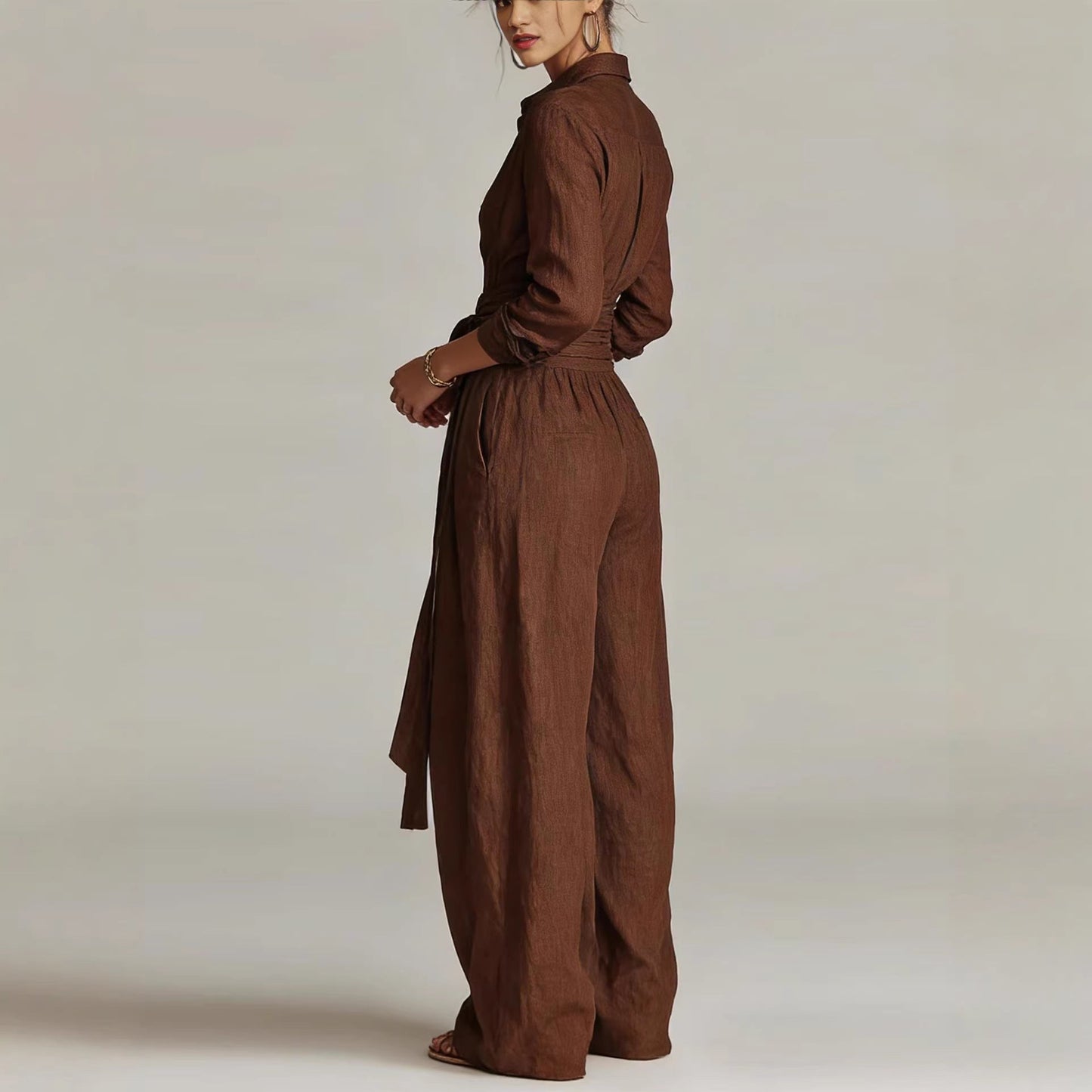 Women's Collar Long Sleeve Top & High-Waist Pants Two-Piece Set – 5 Colors