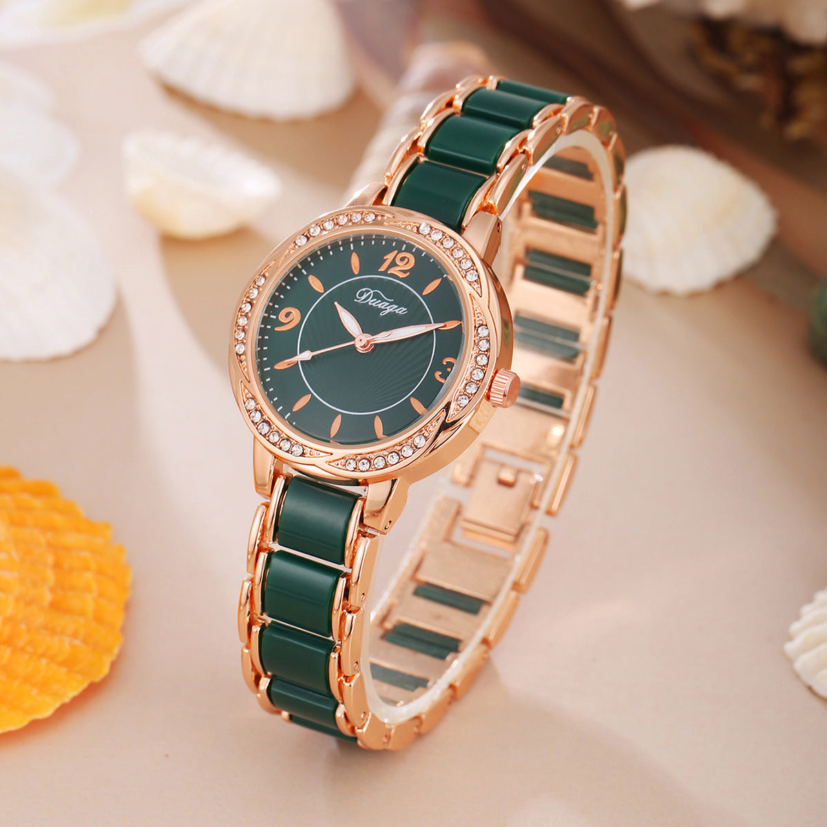 Elegant Lace-Trimmed Round Diamond-Encrusted Quartz Watch