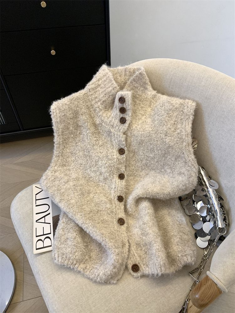 Korean-style Refined High-neck Single-breasted Solid Color Knitted Vest