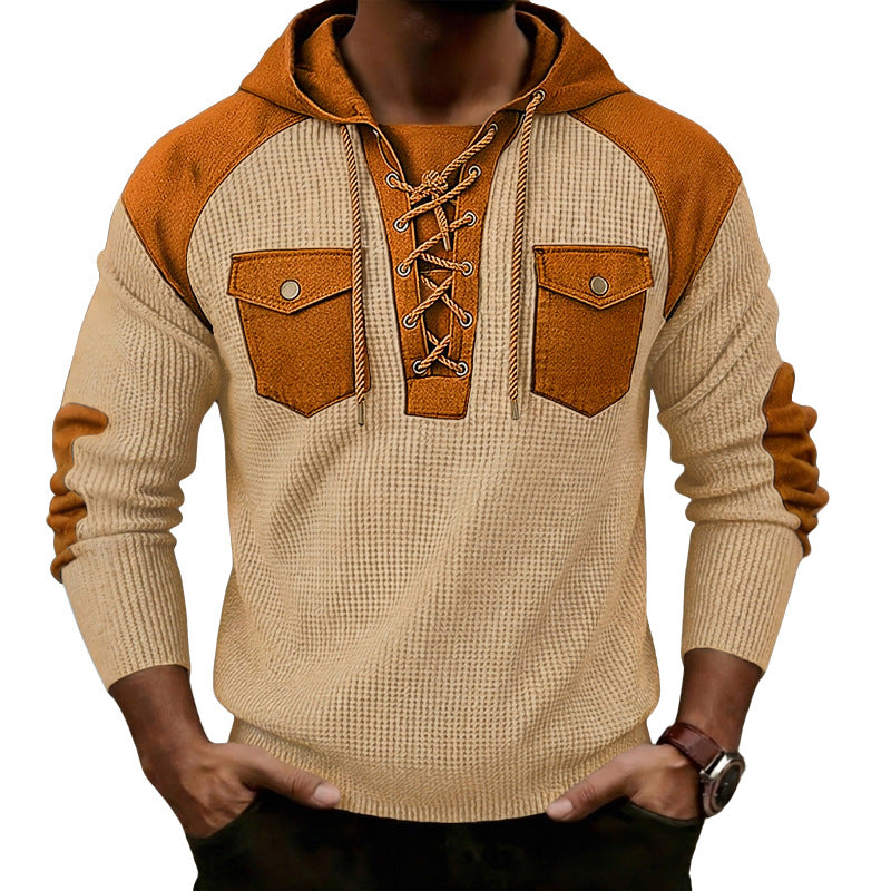 Mens Waffle-Weave Hooded Long-Sleeve Sweatshirt