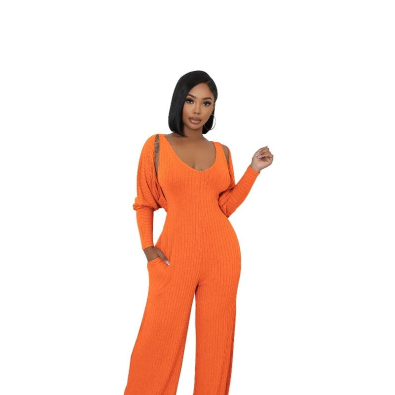 Women's High-stretch Ribbed Long-sleeve Jumpsuit Set