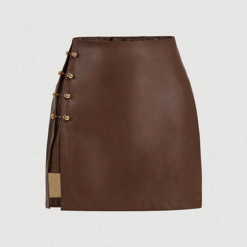 Womens Solid-Color Faux Leather Mini Skirt With Metal Buttons