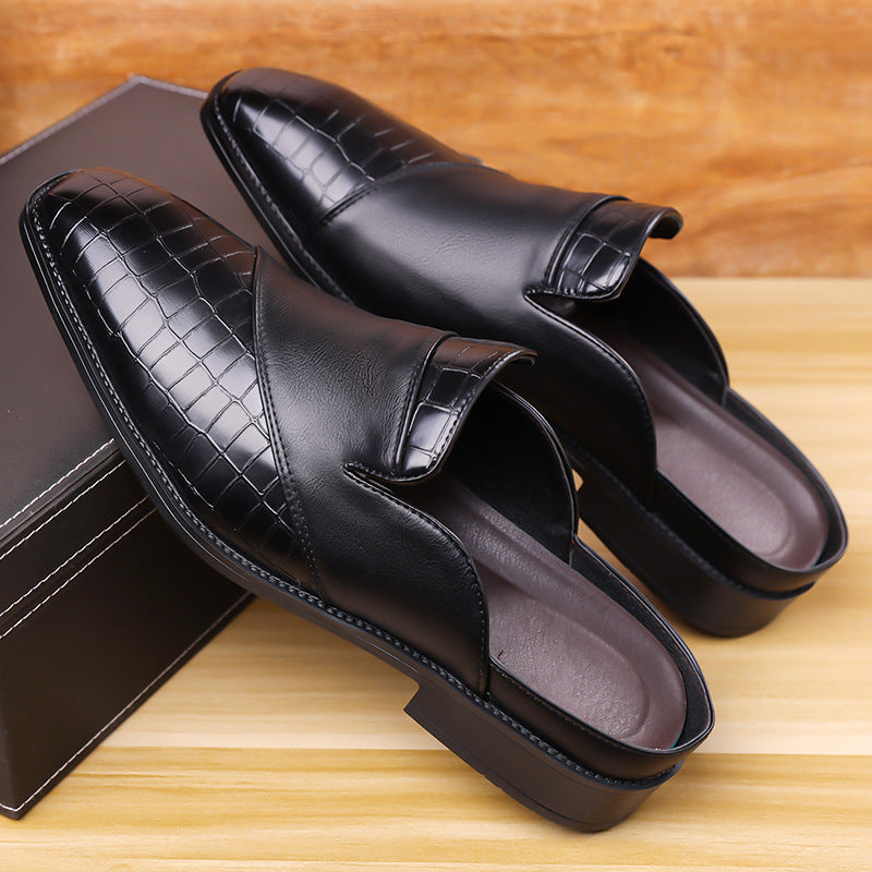 Mens Pointed-toe Leather Half-slippers Without A Heel For Outdoor Wear