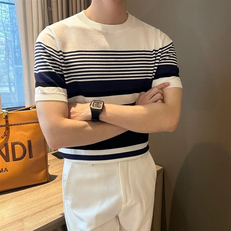 Summer Men's Knitted Crew Neck Striped Top